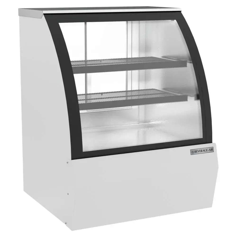 White curved glass dry bakery display case by Beverage-Air offers space-saving pastry presentation for cafes and bakery counters.