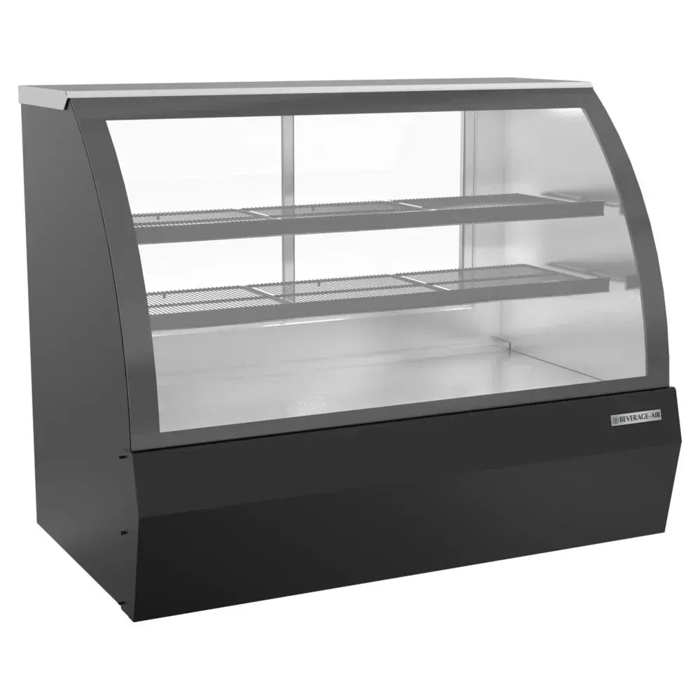 Black curved glass dry bakery display case by Beverage-Air is designed for stylish presentation of fresh bakery products in cafes.