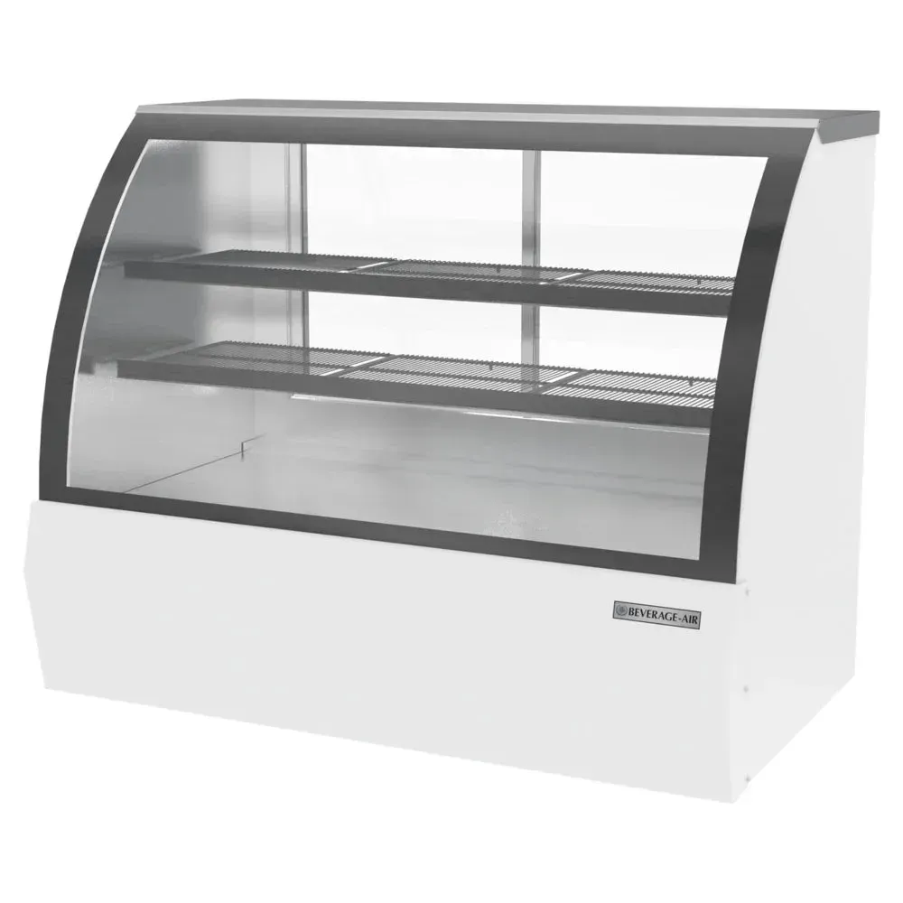 White curved glass refrigerated bakery display from Beverage-Air with bright LED lighting attracts attention to desserts and deli items.