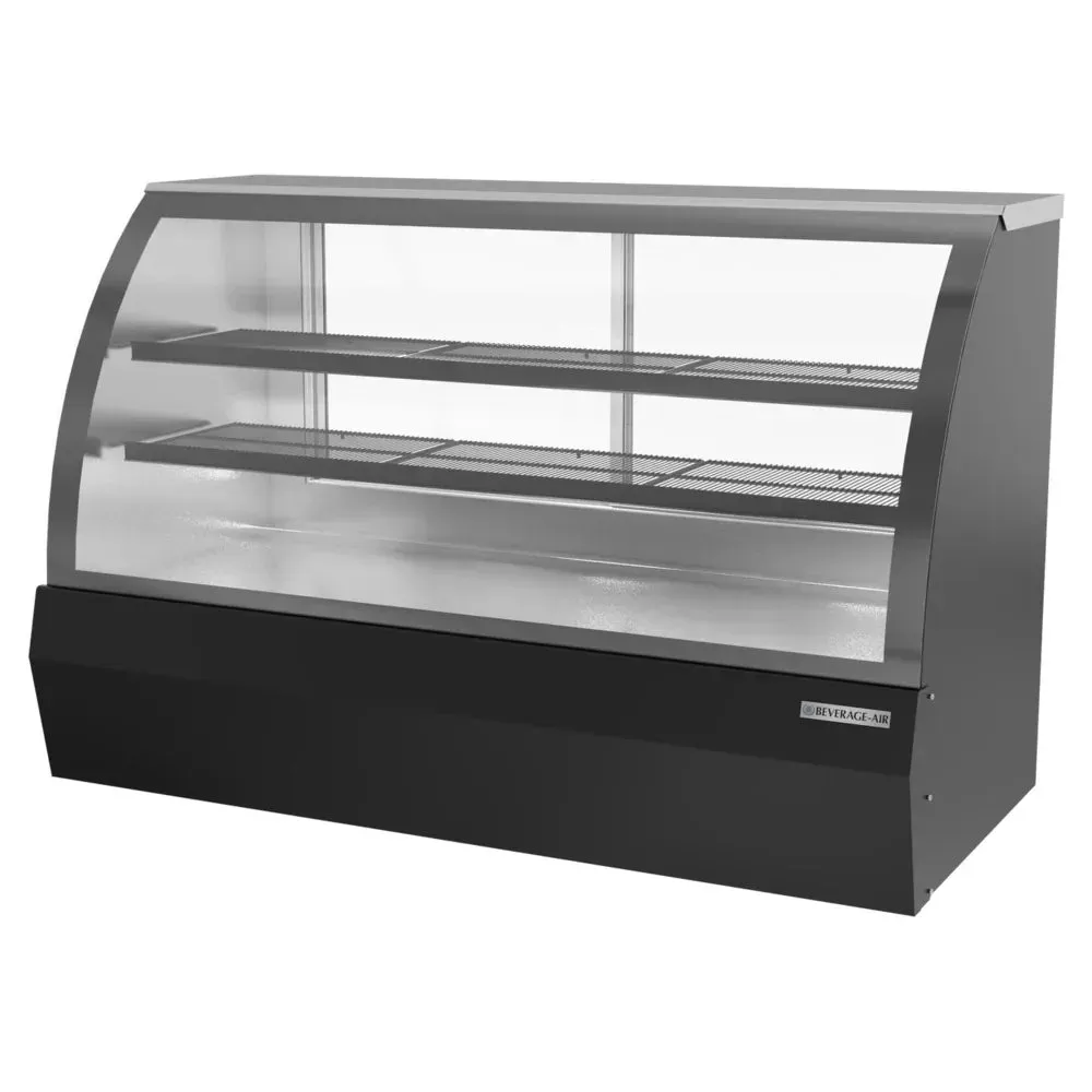 Black curved glass refrigerated bakery display from Beverage-Air with LED illumination enhances the appeal of deli and dessert items.