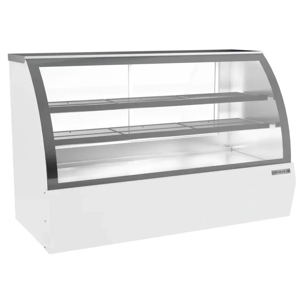 White curved glass refrigerated bakery display from Beverage-Air with LED lighting is perfect for showcasing deli and dessert selections.