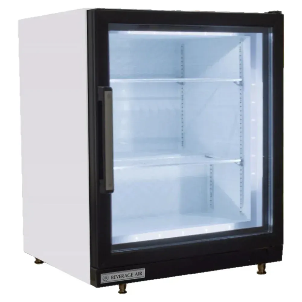 White countertop freezer merchandiser from Beverage-Air with clear swing door is ideal for frozen food displays in cafes and retail shops.