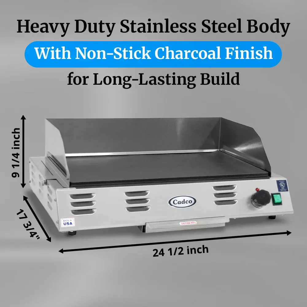 Cadco electric countertop griddle, stainless steel, compact commercial kitchen, durable, adjustable thermostat, catering easy-clean versatile.