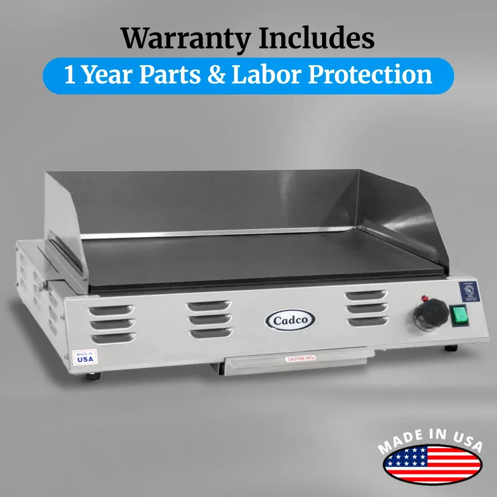 Cadco electric countertop griddle, stainless steel, compact commercial kitchen, durable, adjustable thermostat, catering easy-clean versatile.