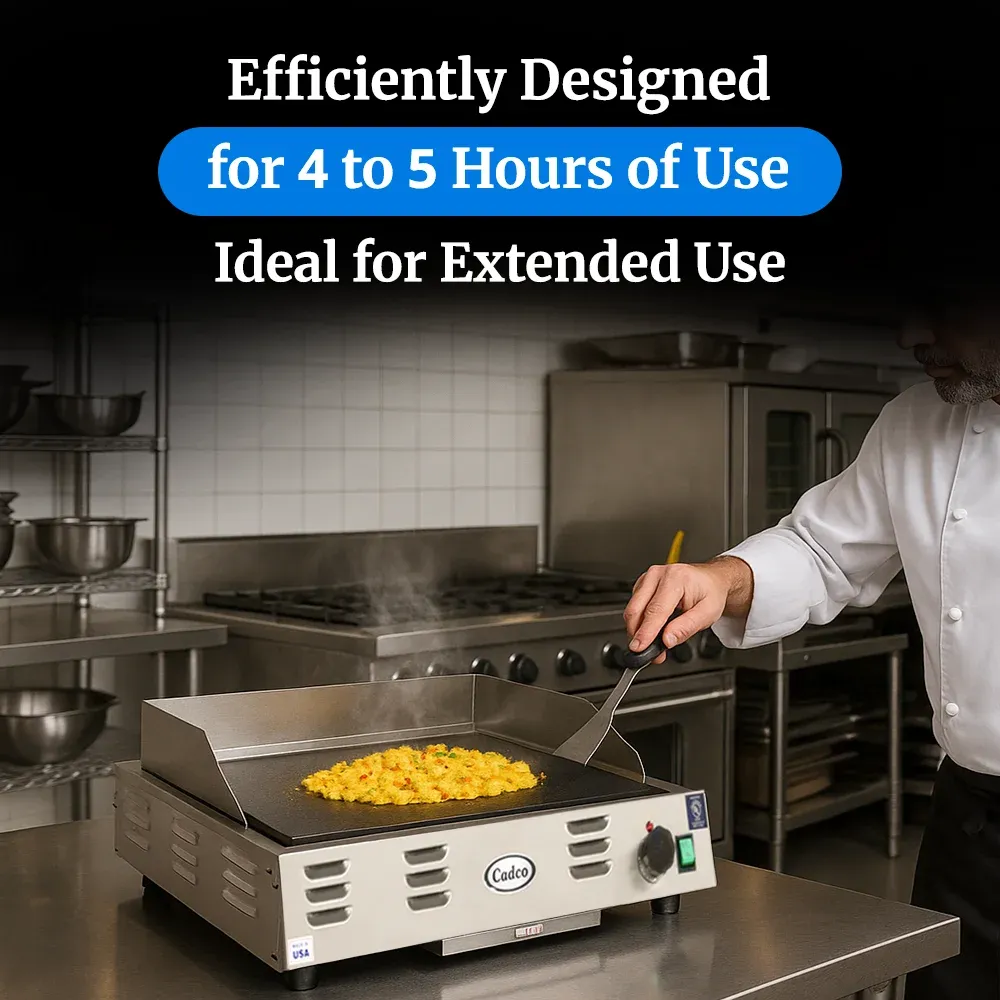 Cadco electric countertop griddle, stainless steel, compact commercial kitchen, durable, adjustable thermostat, catering easy-clean versatile.