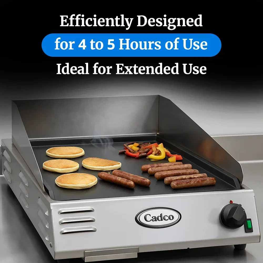 Cadco front-to-back countertop griddle with polished steel surface delivers even heat for pancakes, burgers, and more in compact kitchen setups.