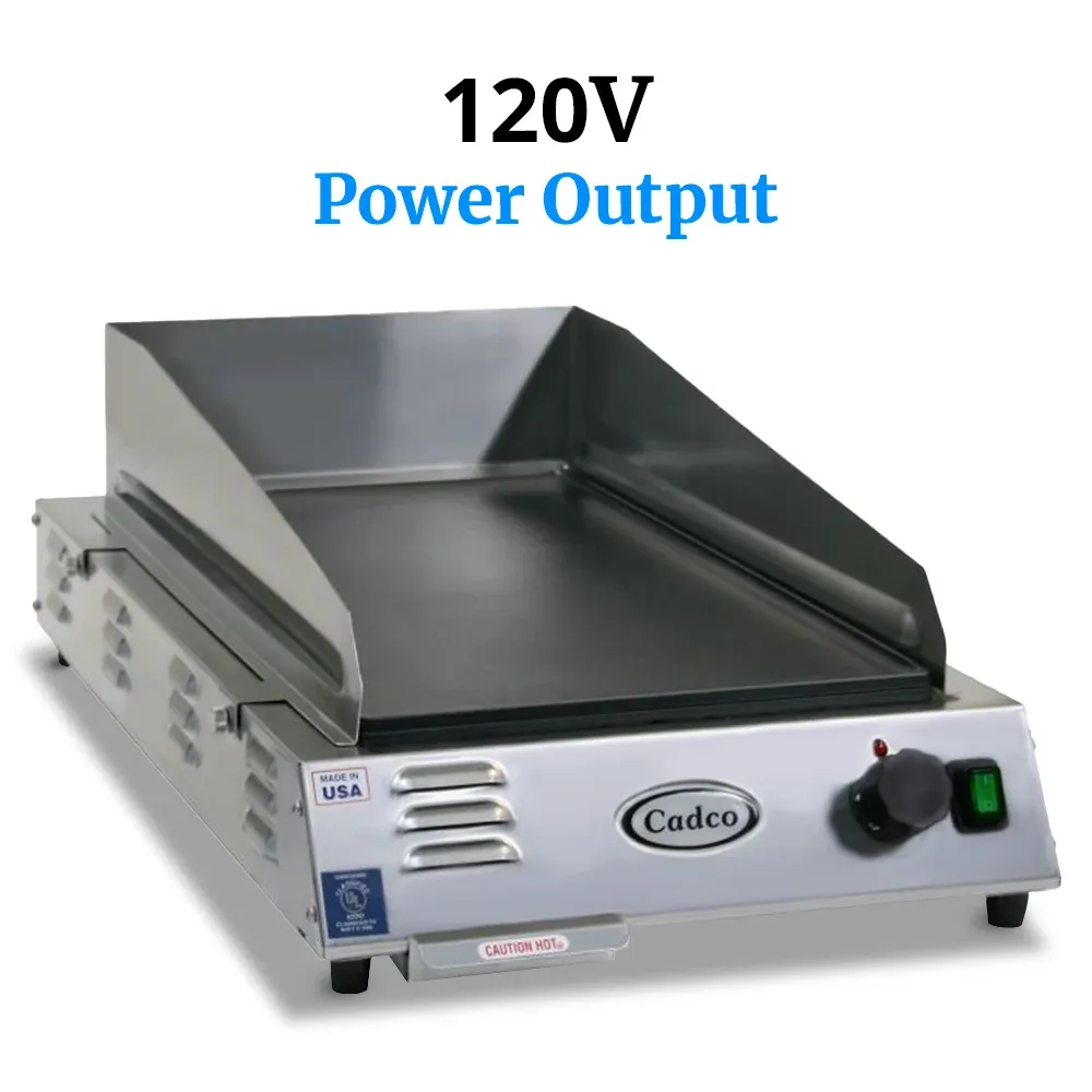 Cadco front-to-back countertop griddle with polished steel surface delivers even heat for pancakes, burgers, and more in compact kitchen setups.