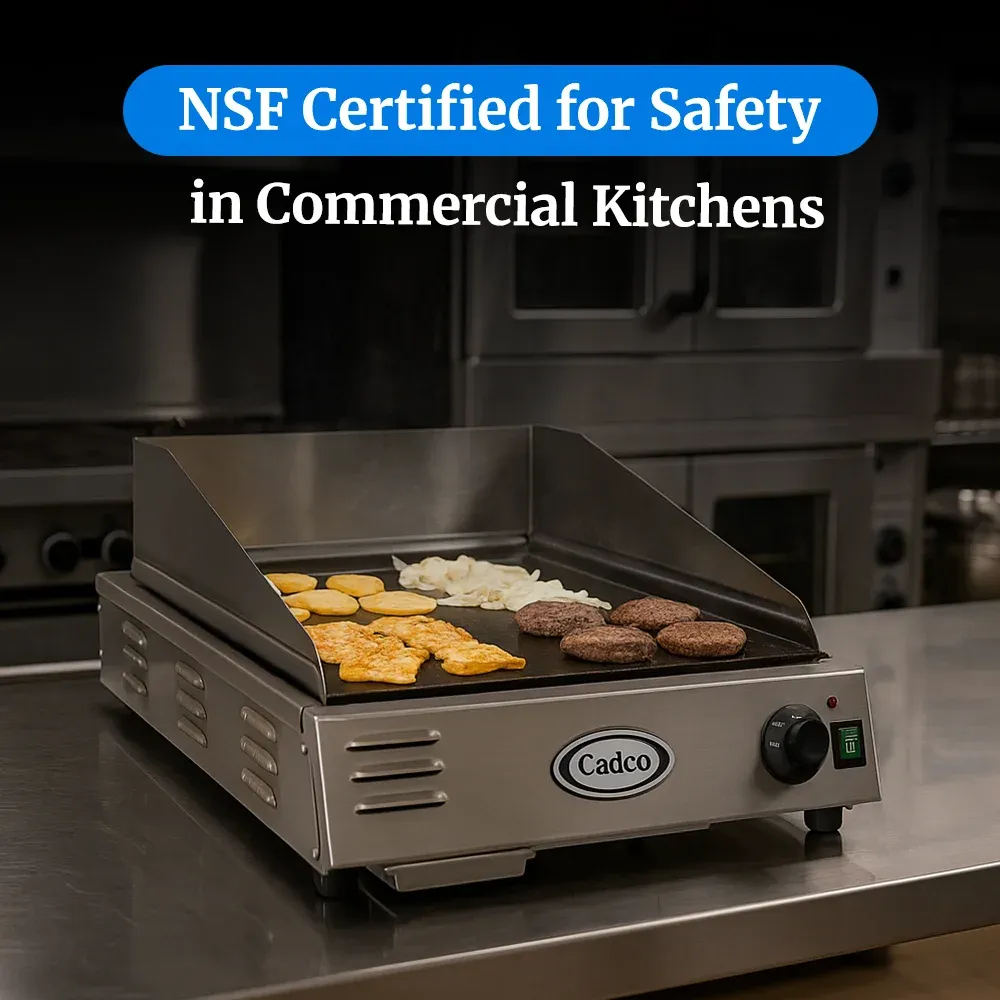 Cadco front-to-back countertop griddle with polished steel surface delivers even heat for pancakes, burgers, and more in compact kitchen setups.