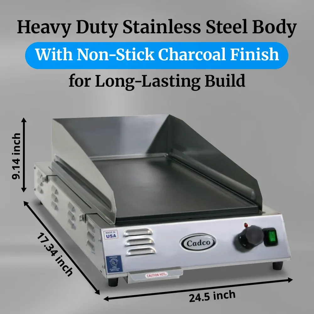 Cadco front-to-back countertop griddle with polished steel surface delivers even heat for pancakes, burgers, and more in compact kitchen setups.