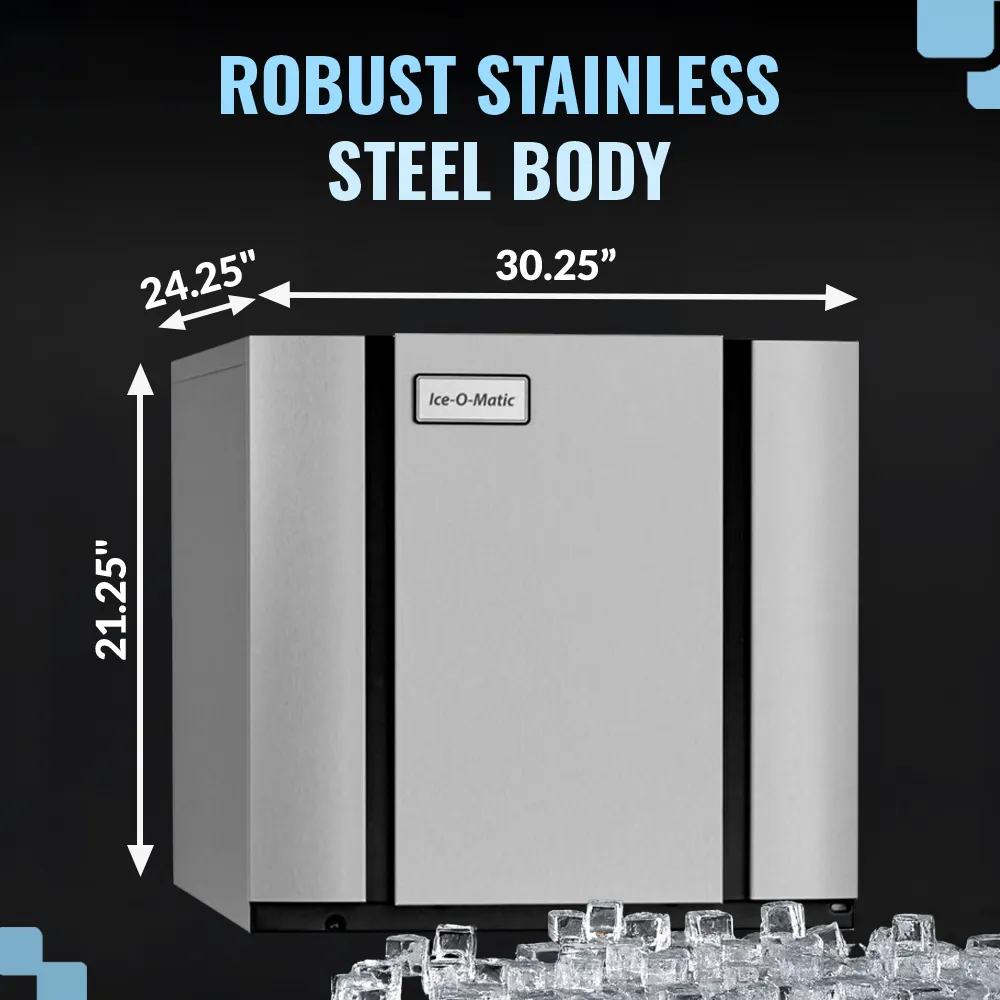 Ice-O-Matic stainless steel air cooled half cube ice machine head without storage bin, efficient for commercial beverage service.