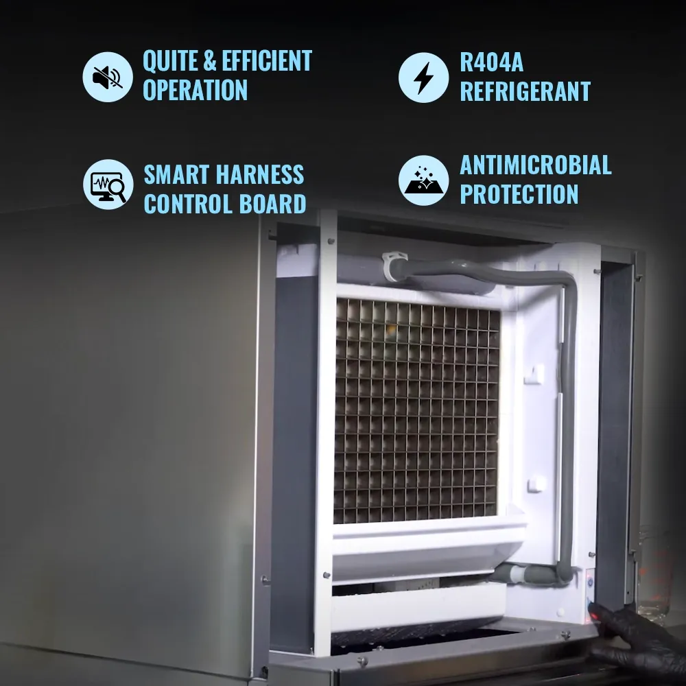 Ice-O-Matic stainless steel remote cooled half dice cube ice machine head without storage bin, ensuring efficient ice output in professional use.