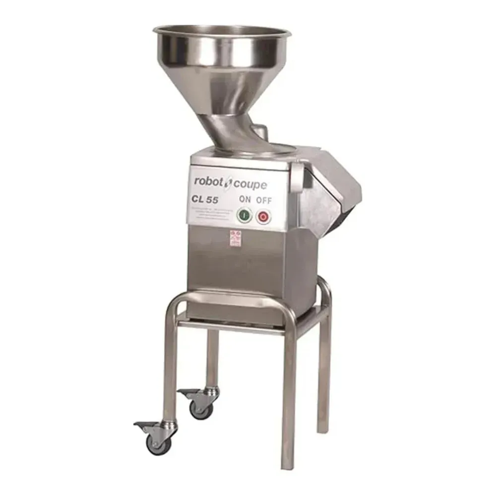 Robot Coupe bulk continuous feed processor with two discs quickly slices and shreds vegetables and cheese for restaurant salad bar and buffet service.