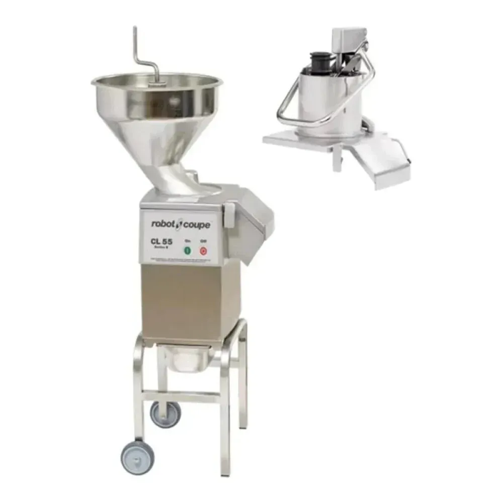 Robot Coupe full-moon pusher processor without discs for safe produce feeding and smooth continuous prep in hotel and restaurant kitchens.