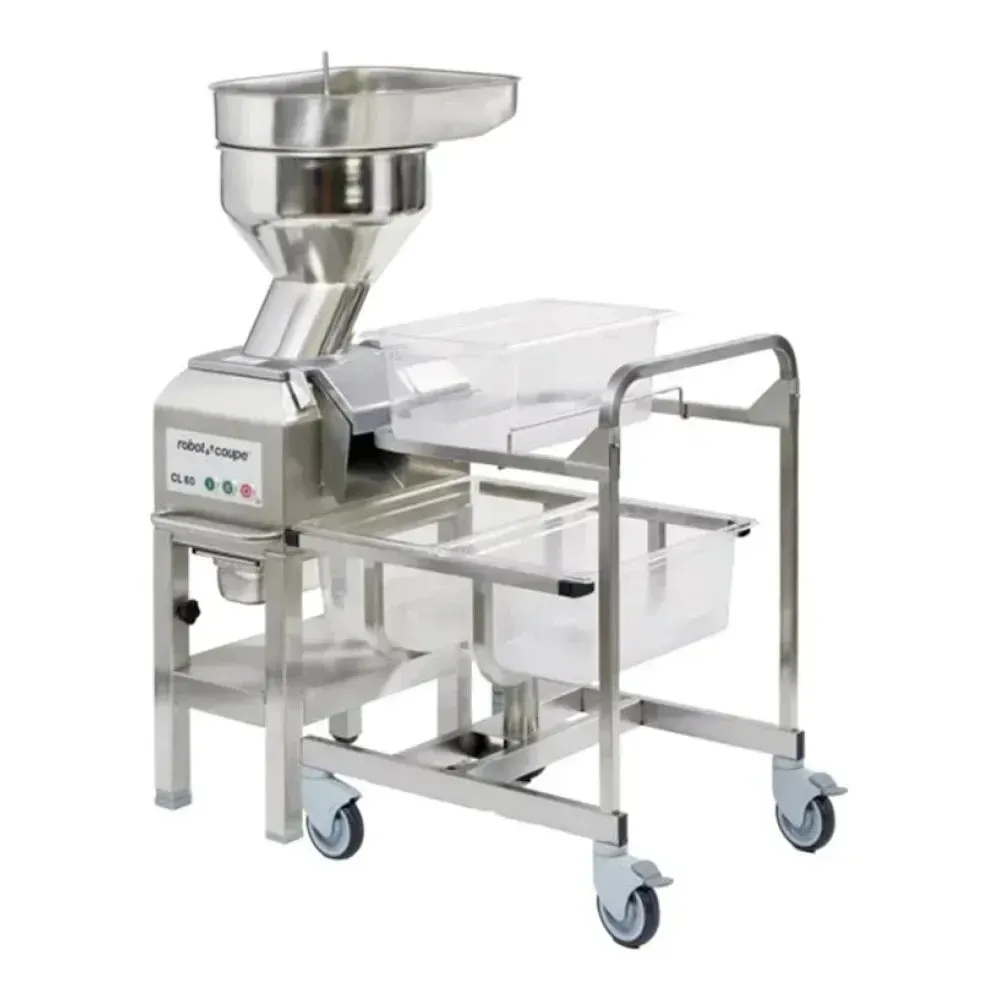 Robot Coupe two-speed stainless steel food processor with full-moon pusher and sixteen discs for flexible slicing, shredding, and dicing.