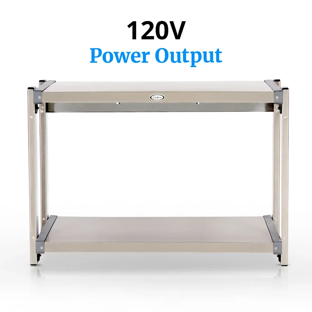 Cadco two-level electric countertop warming shelf in stainless steel for buffet or catering and thermostat-controlled for food display.