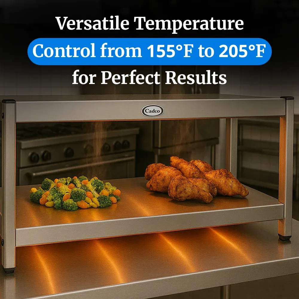 Cadco two-level electric countertop warming shelf in stainless steel for buffet or catering and thermostat-controlled for food display.