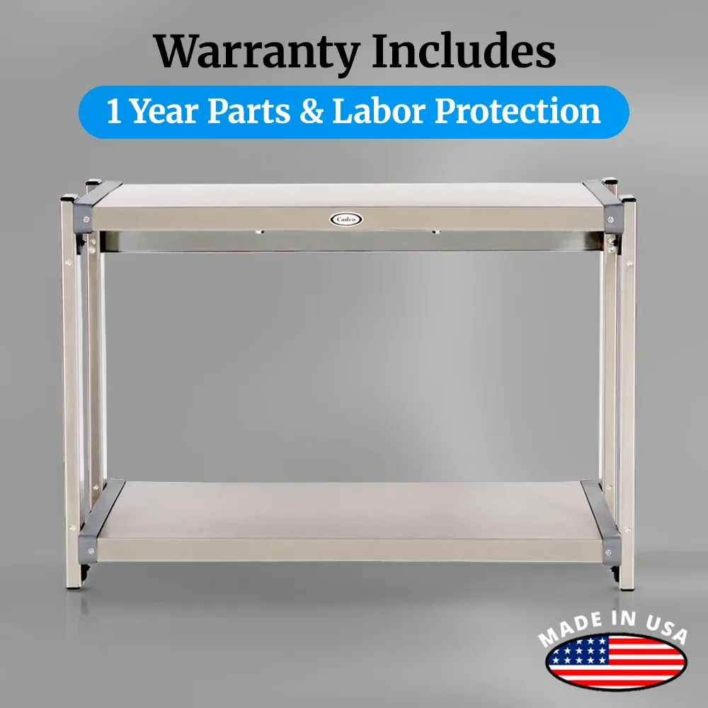 Cadco two-level electric countertop warming shelf in stainless steel for buffet or catering and thermostat-controlled for food display.