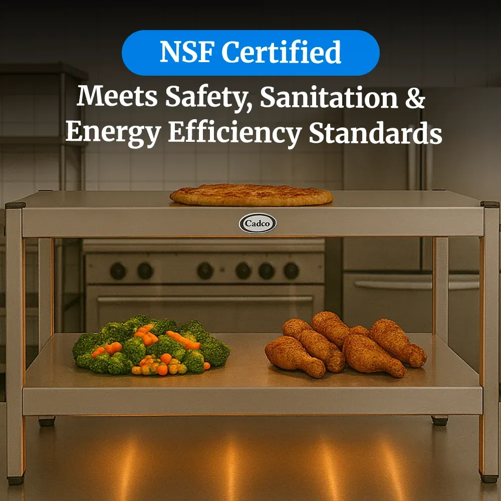 Cadco two-level electric countertop warming shelf in stainless steel for buffet or catering and thermostat-controlled for food display.