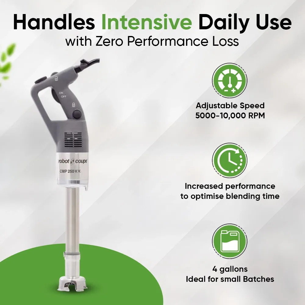 Robot Coupe variable speed compact blender for precise blending of sauces, dressings, and emulsions in small commercial kitchen setups.
