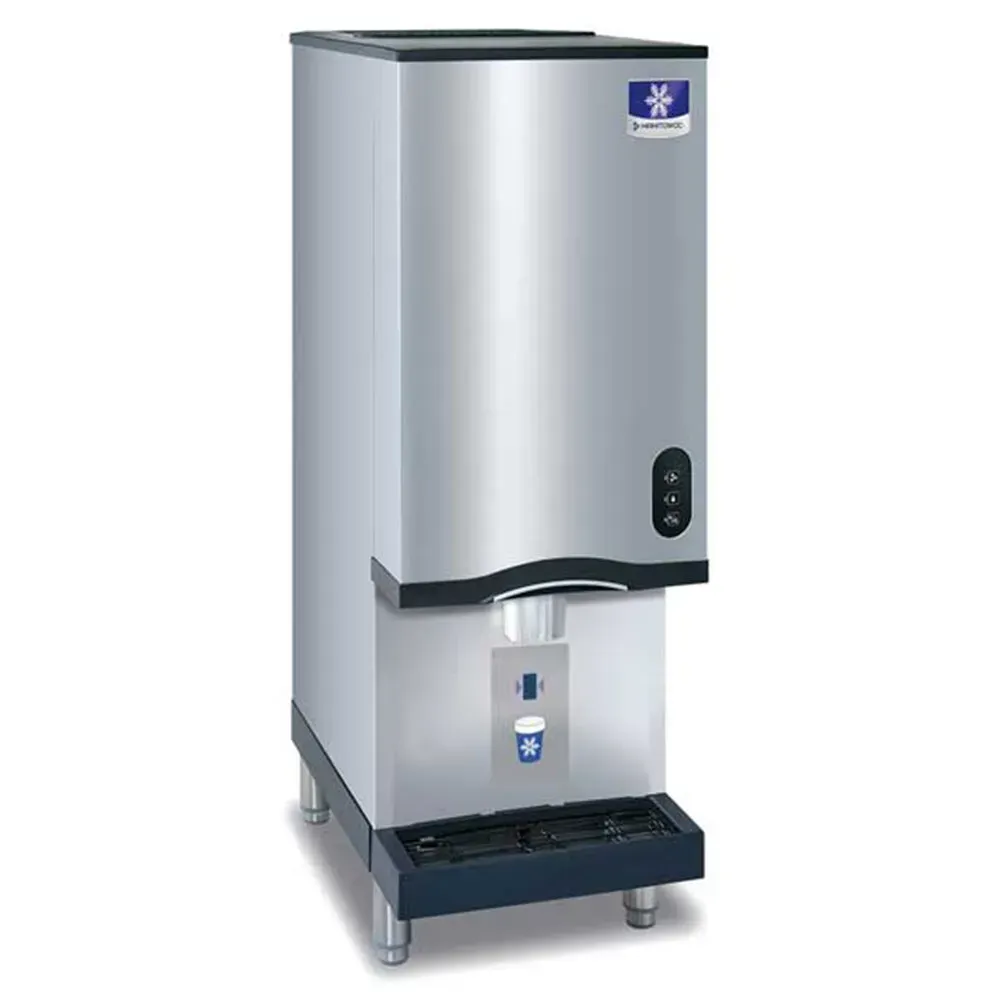 Manitowoc countertop nugget ice machine with lever dispenser and small bin suits cafés, hotels, or breakrooms needing quick chewable ice service.