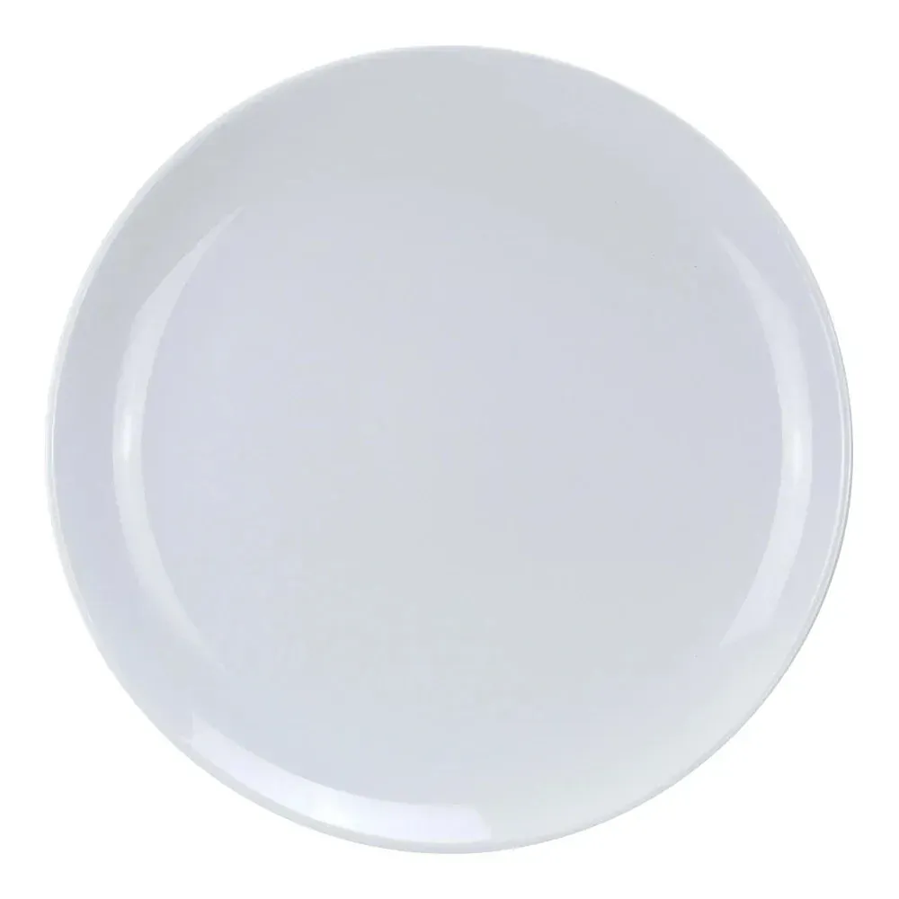 Extra large round coupe pattern serving plate made of white melamine from Yanco China, ideal for presenting large dishes on a buffet.