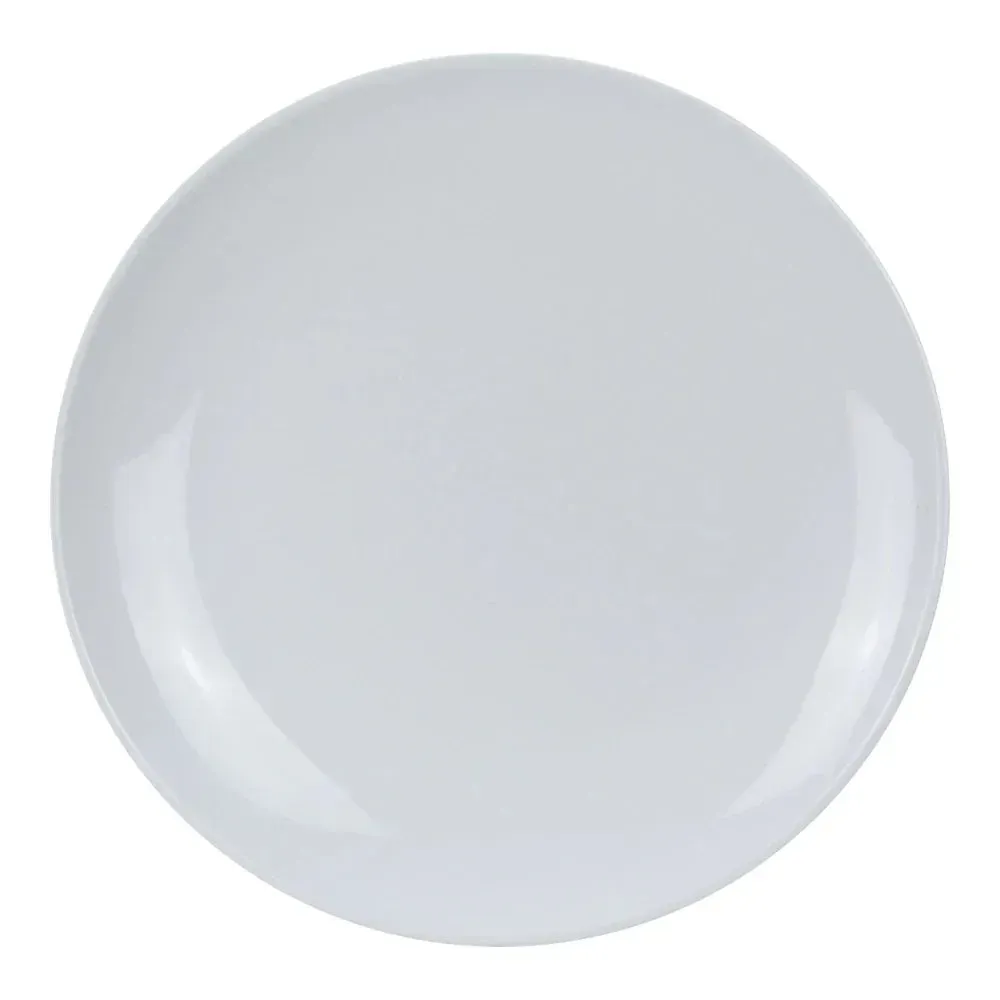 Durable, large round melamine coupe plate in a crisp white color by Yanco China, offering a break resistant option for busy restaurants.