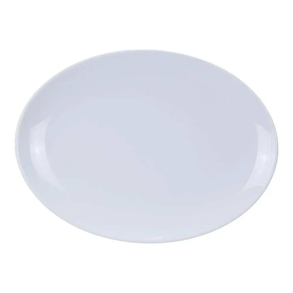 Large oval platter made of classic white melamine from Yanco China, a versatile and shatterproof serving piece for buffets, catering, and outdoors.