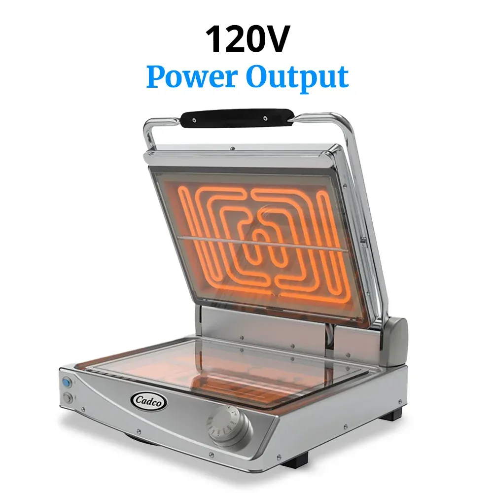 Cadco jumbo glass-ceramic clamshell grill with smooth clear plates, stainless steel finish, compact, and easy to clean for commercial catering.