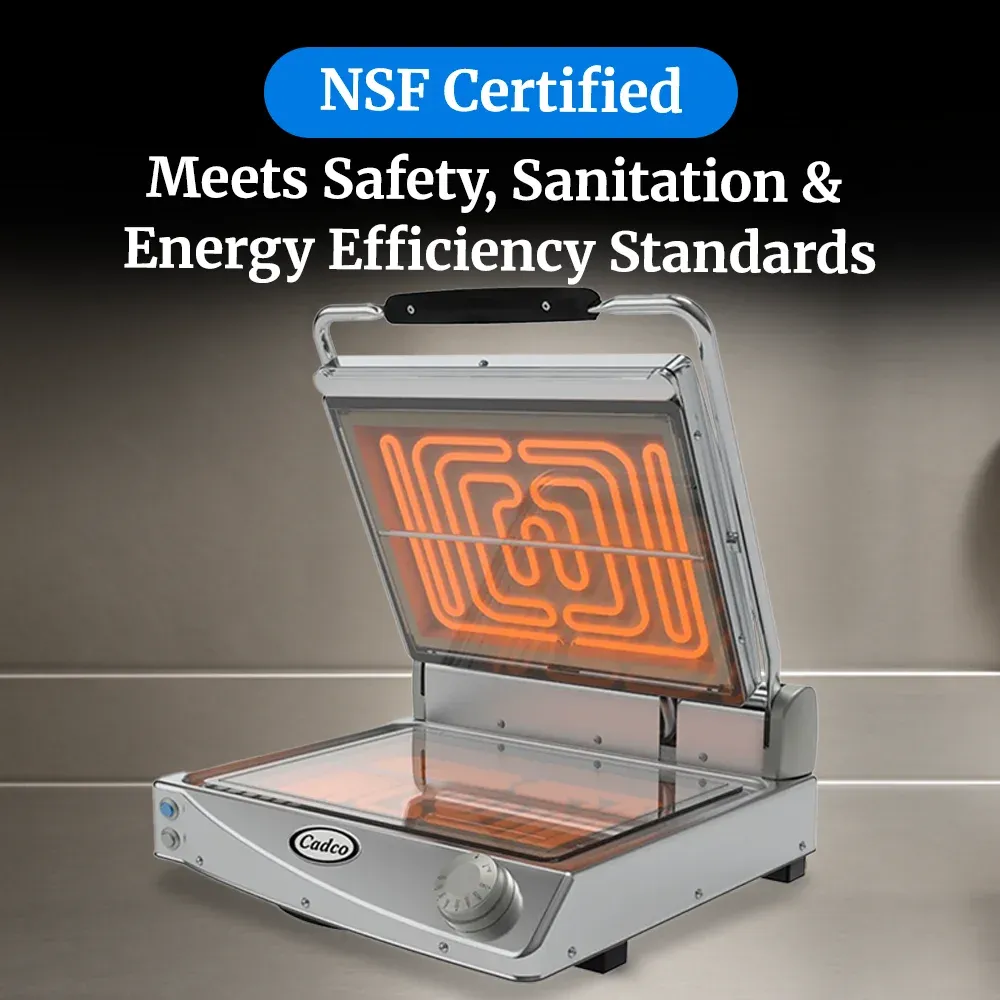 Cadco jumbo glass-ceramic clamshell grill with smooth clear plates, stainless steel finish, compact, and easy to clean for commercial catering.