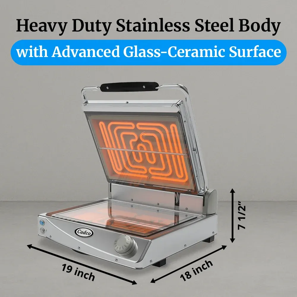 Cadco jumbo glass-ceramic clamshell grill with smooth clear plates, stainless steel finish, compact, and easy to clean for commercial catering.