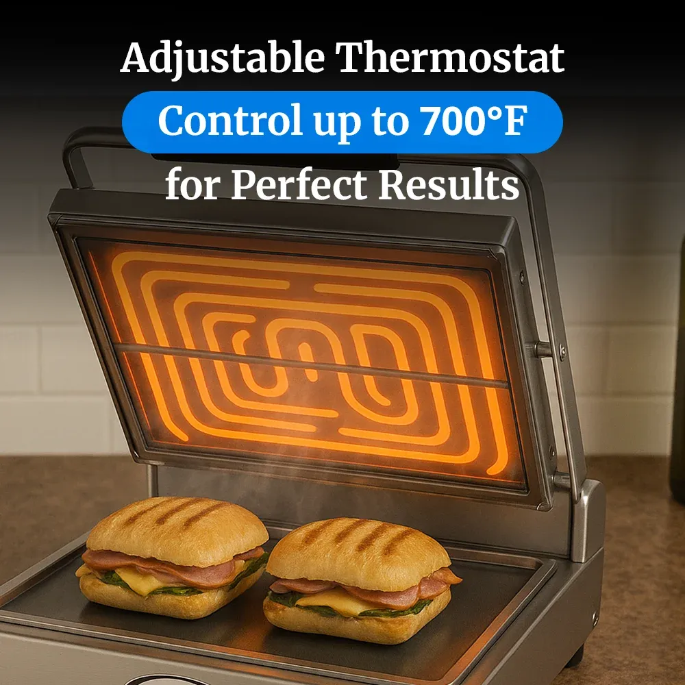 Cadco jumbo glass-ceramic clamshell grill with smooth clear plates, stainless steel finish, compact, and easy to clean for commercial catering.
