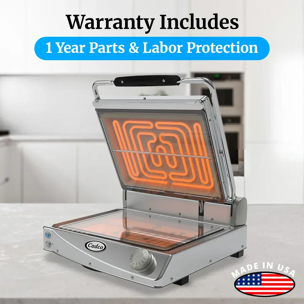 Cadco jumbo glass-ceramic clamshell grill with smooth clear plates, stainless steel finish, compact, and easy to clean for commercial catering.