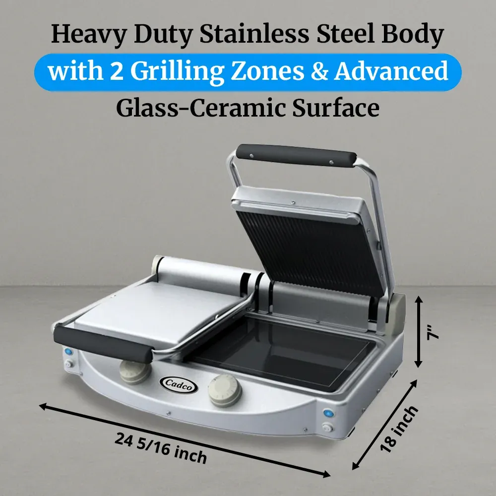 Cadco double glass-ceramic panini grill with grooved top and smooth bottom plates, compact stainless build, durable for commercial or catering service