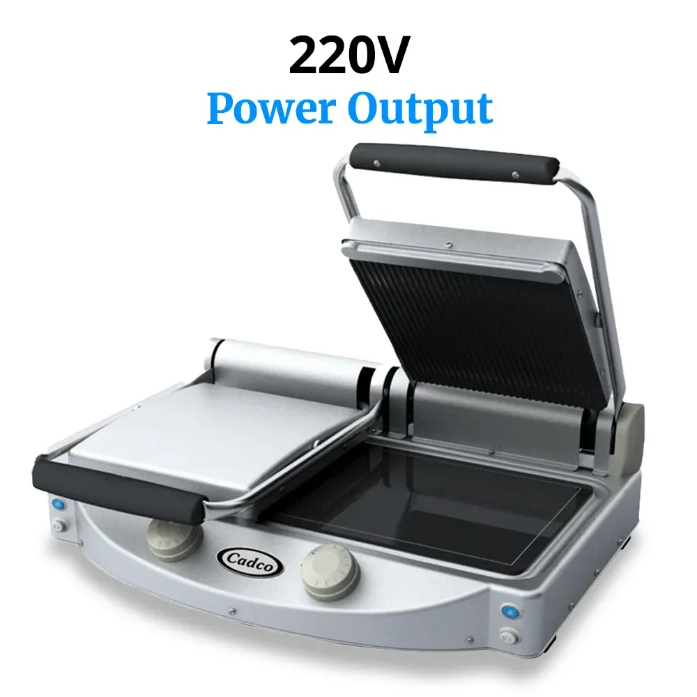Cadco double glass-ceramic panini grill with grooved top and smooth bottom plates, compact stainless build, durable for commercial or catering service