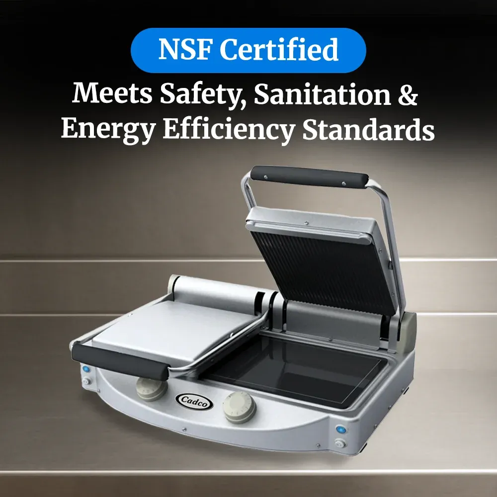 Cadco double glass-ceramic panini grill with grooved top and smooth bottom plates, compact stainless build, durable for commercial or catering service