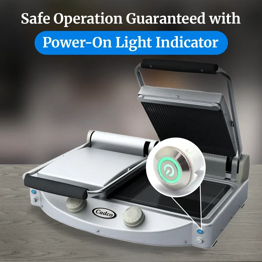 Cadco double glass-ceramic panini grill with grooved top and smooth bottom plates, compact stainless build, durable for commercial or catering service