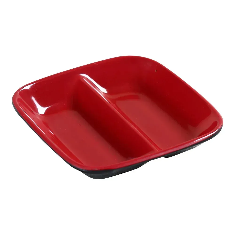 Black-red melamine divided sauce dish by Yanco China, two-tone square tray for condiments, buffet, and catering service.