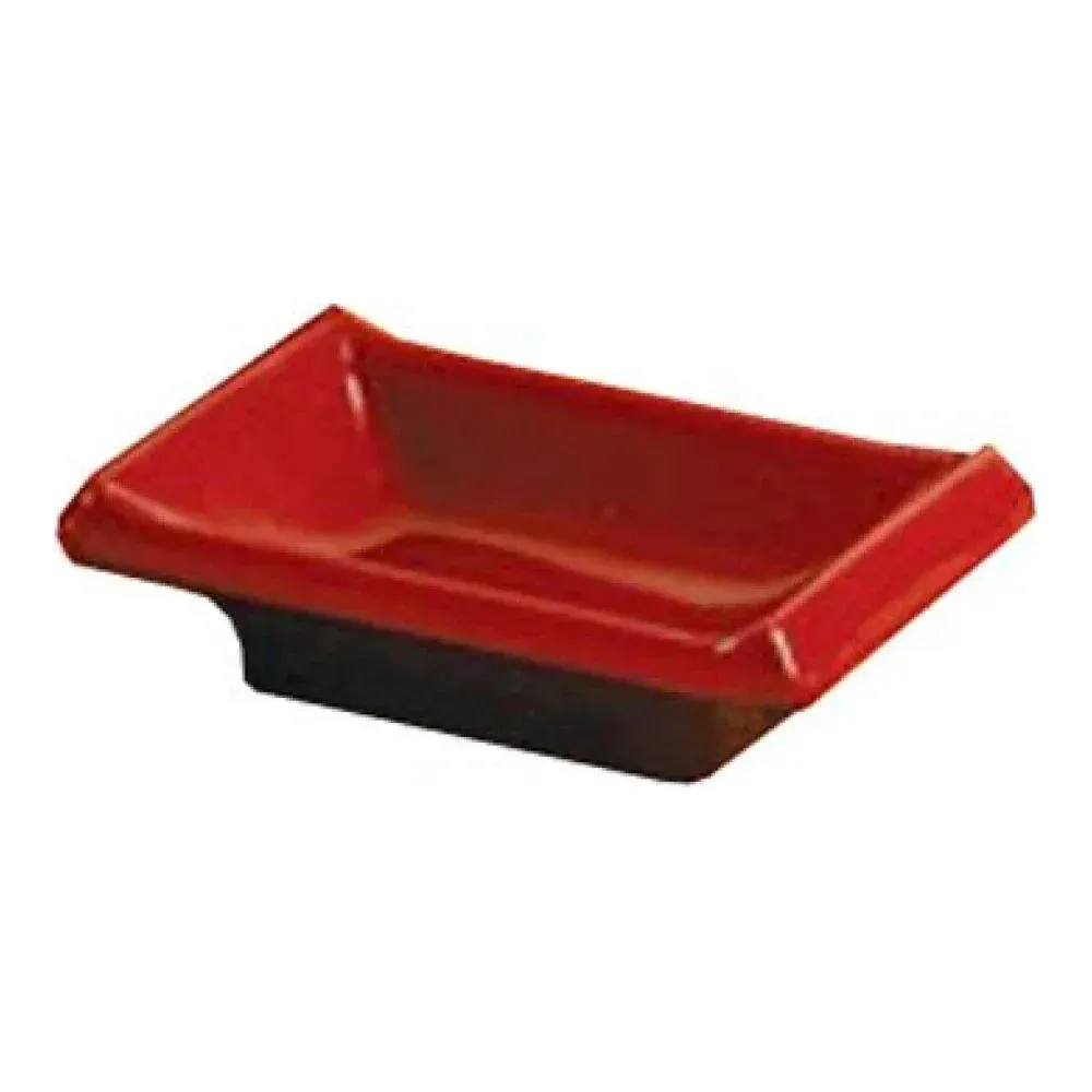 Black-red melamine rectangular sauce dish by Yanco China, two-tone, sturdy tray for appetizers or sushi, reusable for catering.