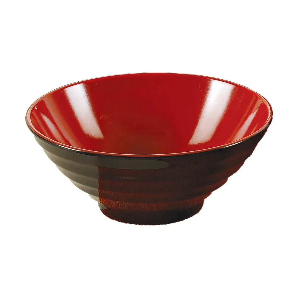Black-red melamine noodle bowl by Yanco China, compact size, perfect for sides or desserts, vibrant color ideal for modern buffet or cafeteria lines.