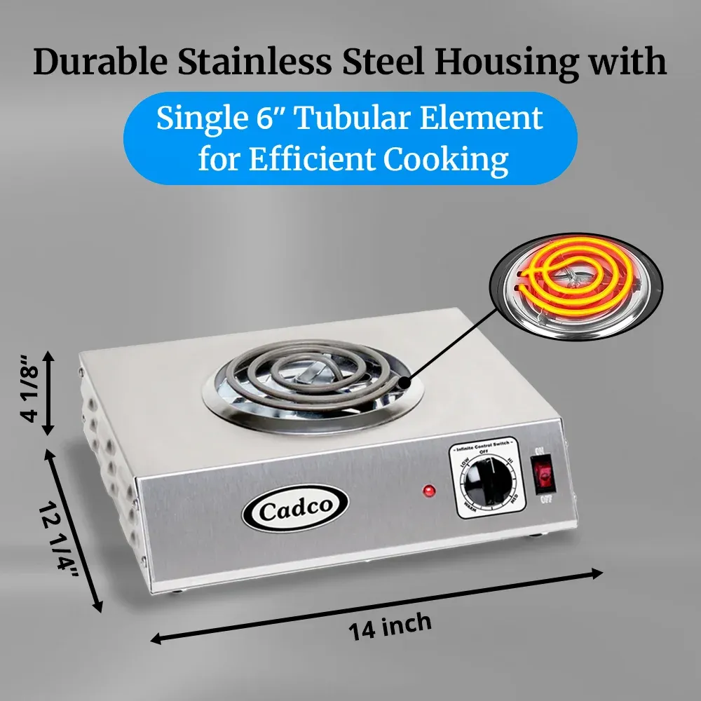 Cadco single burner portable hot plate with tubular heating element in stainless steel provides compact, reliable heat for soups or side dishes.