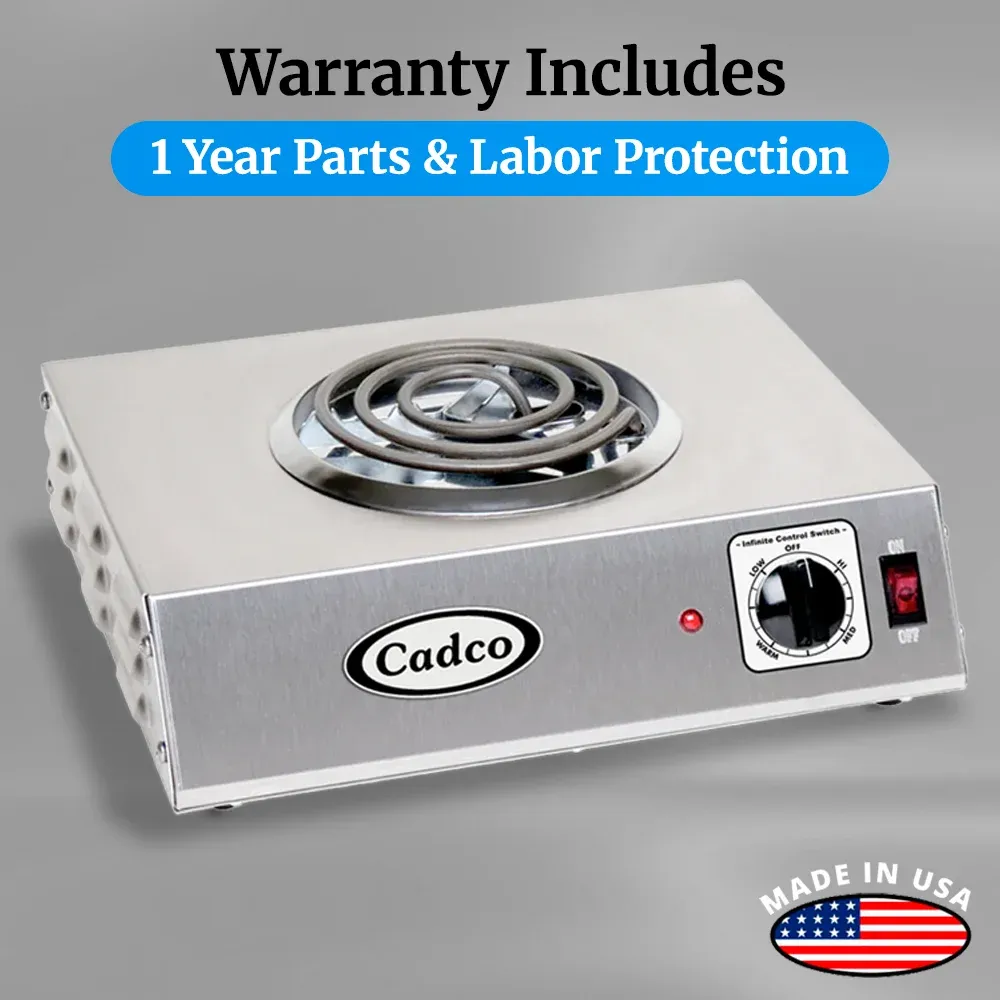 Cadco single burner portable hot plate with tubular heating element in stainless steel provides compact, reliable heat for soups or side dishes.