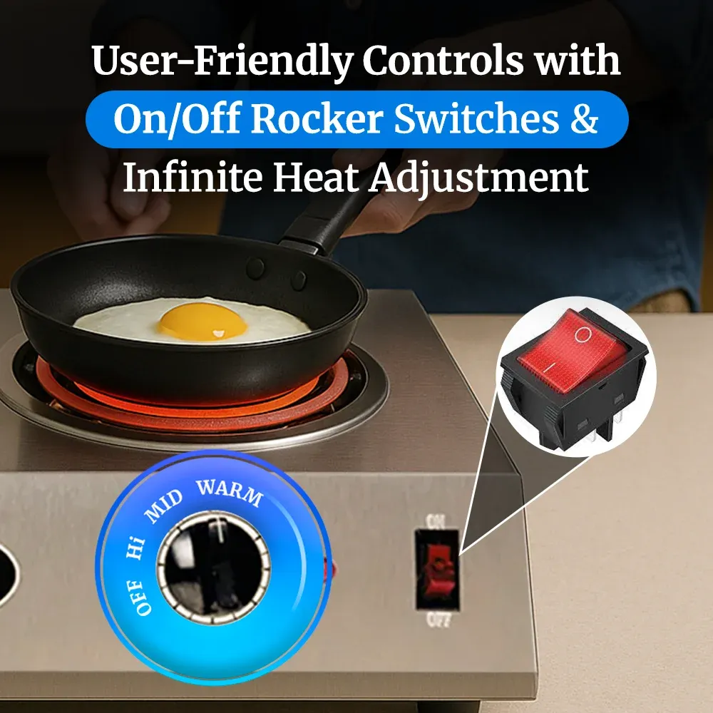 Cadco single burner portable hot plate with tubular heating element in stainless steel provides compact, reliable heat for soups or side dishes.