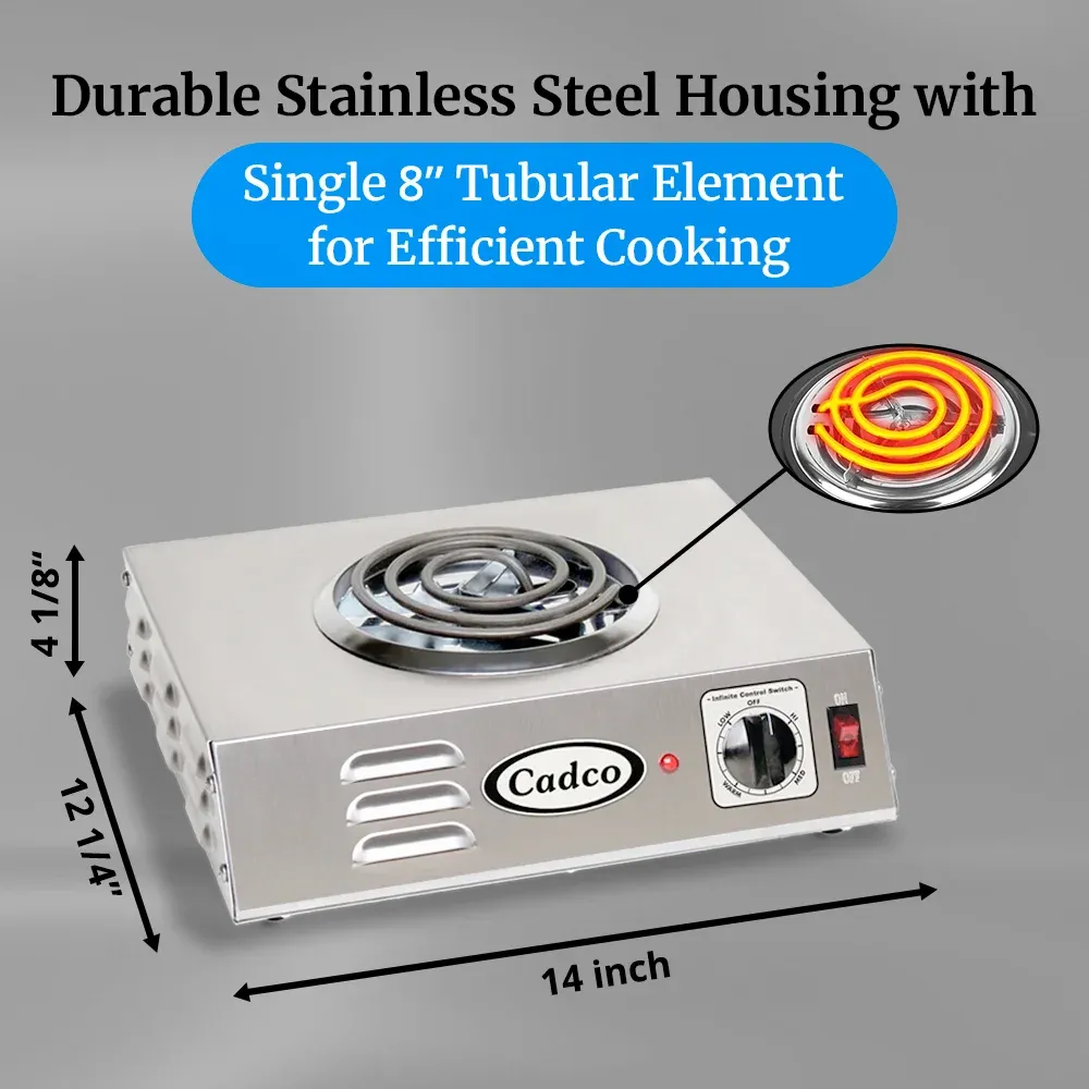 Cadco high-wattage stainless steel single burner hot plate with tubular element brings strong, reliable heat for mobile or outdoor cooking setups.