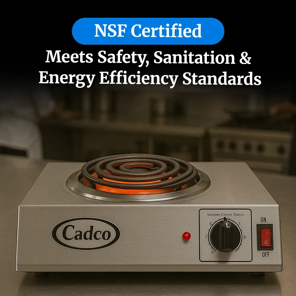 Cadco single burner electric hot plate with stainless steel body, tubular element, adjustable thermostat, and compact, easy-to-clean design.