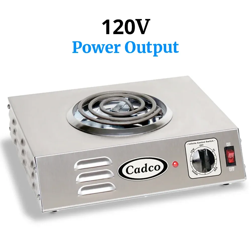 Cadco single burner electric hot plate with stainless steel body, tubular element, adjustable thermostat, and compact, easy-to-clean design.