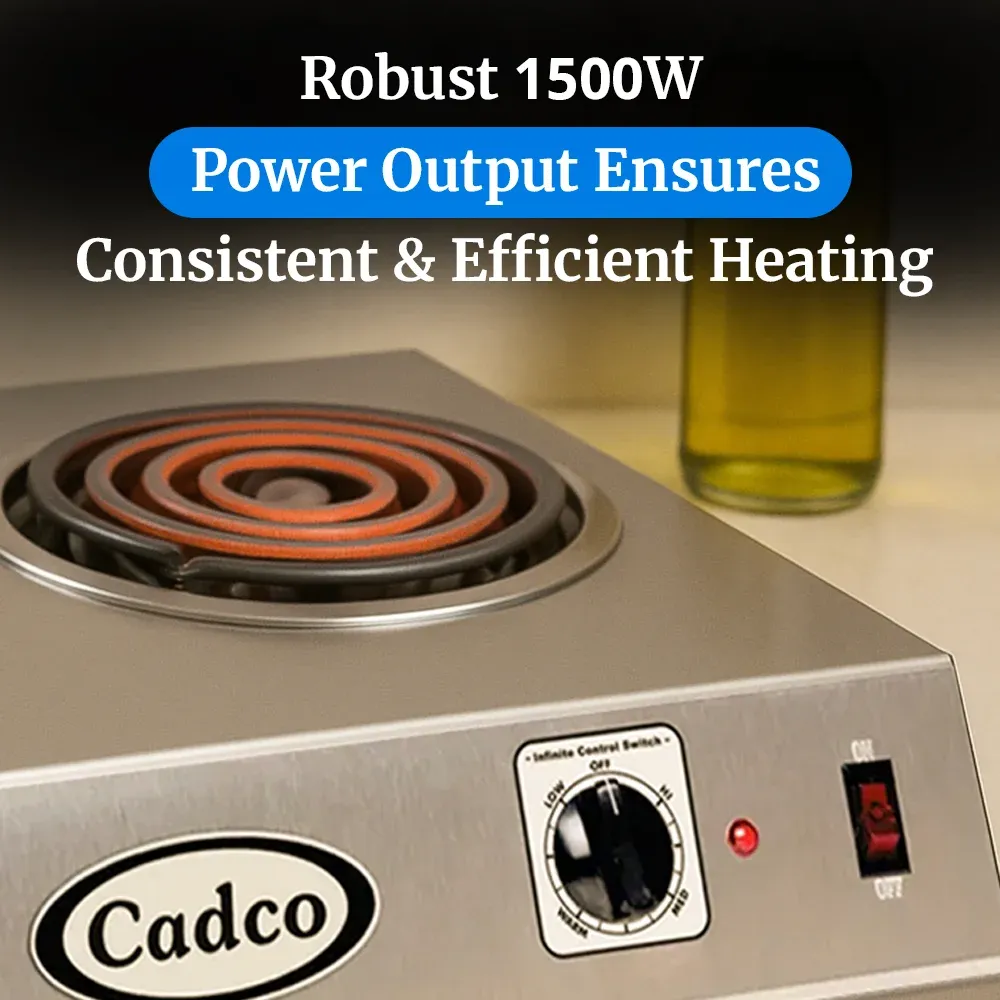 Cadco single burner electric hot plate with stainless steel body, tubular element, adjustable thermostat, and compact, easy-to-clean design.