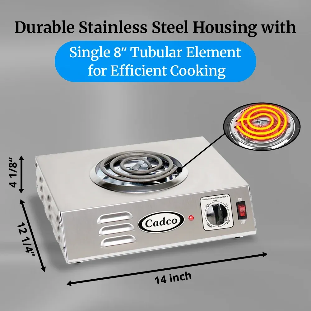 Cadco single burner electric hot plate with stainless steel body, tubular element, adjustable thermostat, and compact, easy-to-clean design.