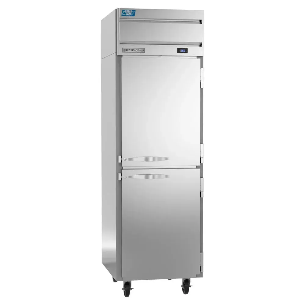Cross-Temp reach-in refrigerator with half solid doors by Beverage-Air offers flexibility and energy savings for busy commercial kitchen operations.