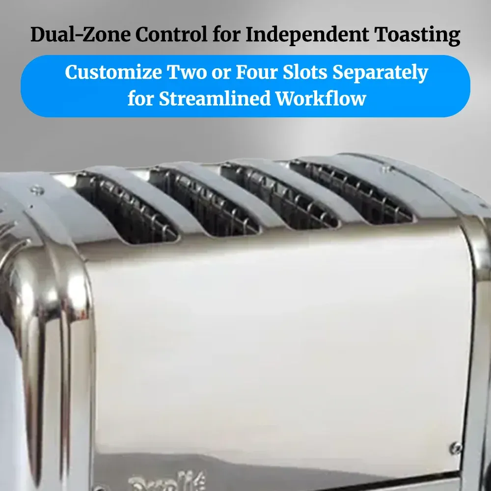 Cadco four-slice metallic toaster for commercial use with compact stainless body, modern finish, high-speed slots, ideal for buffet and catering.