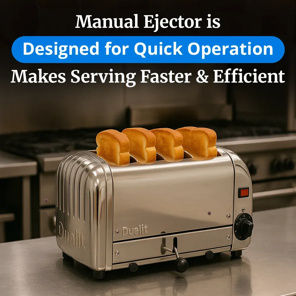 Cadco four-slice metallic toaster for commercial use with compact stainless body, modern finish, high-speed slots, ideal for buffet and catering.